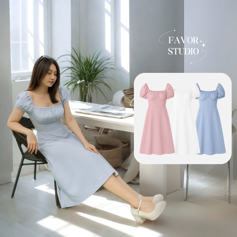 【S-4XL】 เดรสยาว แขนพัฟ สม็อคอก ทรงเข้ารูป คอเหลี่ยม สไตล์วินเทจ กระโปรงทรงเอ มินิมอลเกาหลี พลัสไซซ์ – โปรปัง