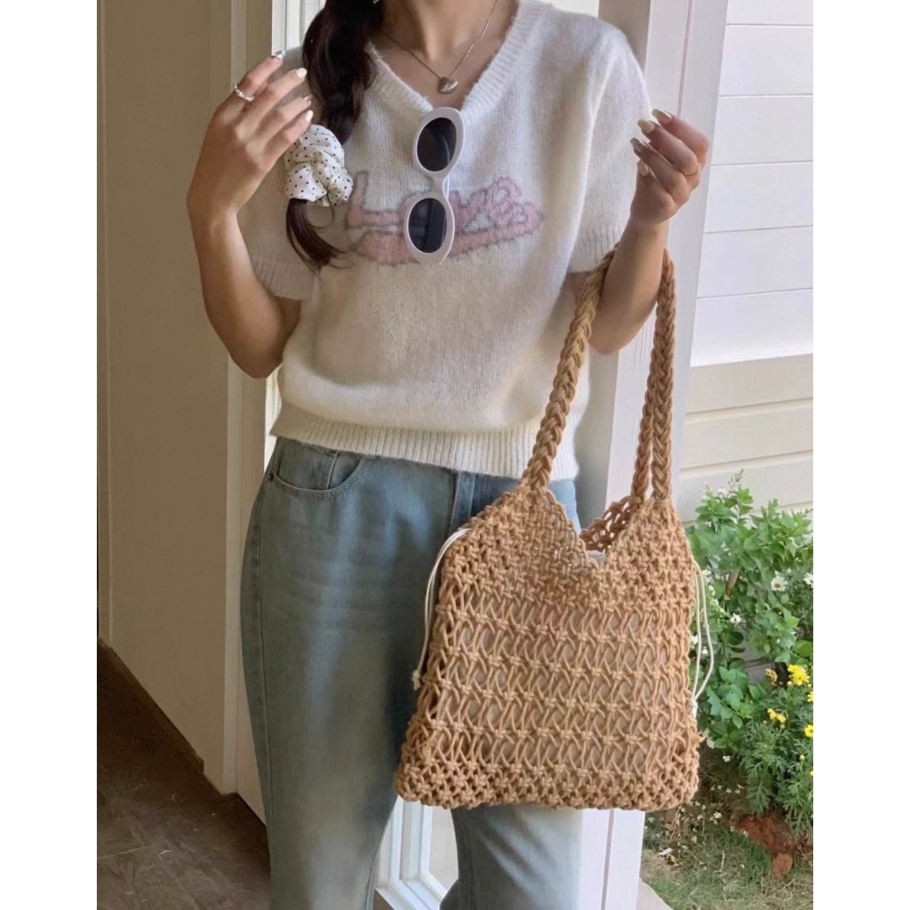 B348)Straw woven bag niche lazy wind rope woven bag 2025 spring/summer new vacation tote bag