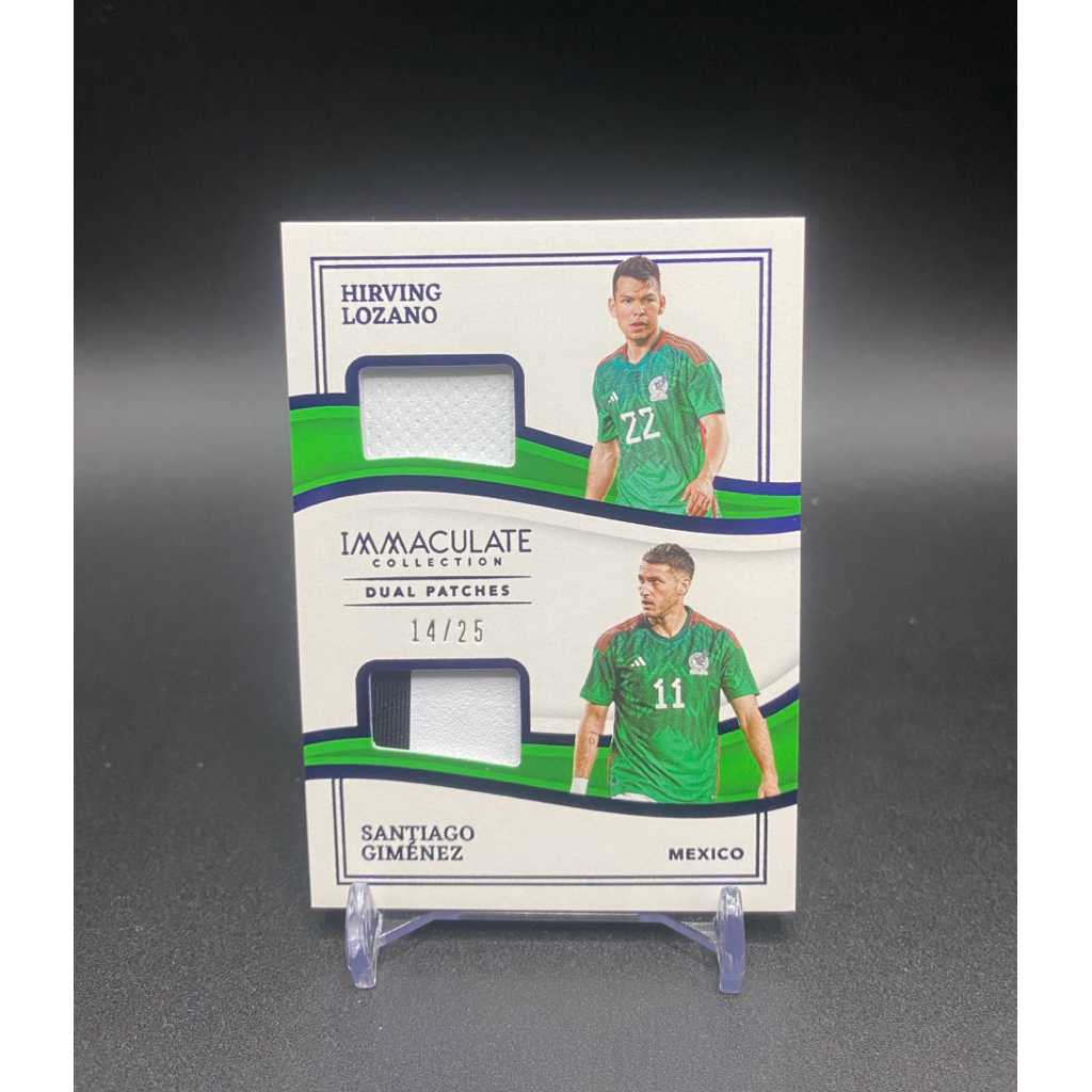 🇲🇽การ์ดฟุตบอล👕ชิ้นส่วนผ้าคู่ HIRVING LOZANO& SANTIAGO GIMÉNEZ MEXICO /25 2023-24 PANINI HAMACULATE C
