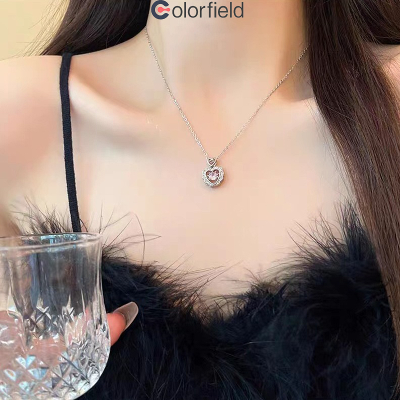 Colorfield สร้อยคอ สีชมพู รูปหัวใจ สีชมพู แฟชั่น เกาหลี โซ่ไหปลาร้าหวานเครื่องประดับสำหรับผู้หญิง ปรับได้-COD