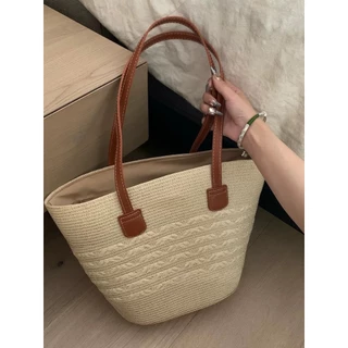 Cicishop(A137) กระเป๋าสานทอ ใบใหญ่ สะพานข้าง ใส่ของได้เยอะ พกพาง่ายใส่ไปทะเลหรือไปเที่ยววันหยุด