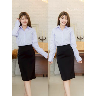 เสื้อนักศึกษาแขนยาวผู้หญิง[สีขาวนวล/สีขาวโอโม่]เข้ารูปหลังโล่ง(ผ้าคอมทวิว)รอบอก”32-48”