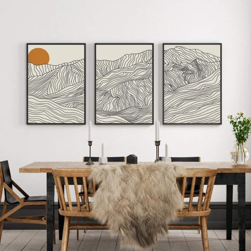 (พร้อมส่งจากไทย ภาพรวมกรอบ) ญี่ปุ่น Alps Sun  Line Art Mountain พิมพ์ผ้าใบภาพวาด Modern Wall