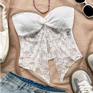 Crop TC2432 เสื้อเกาะอก อกทรงโบว์ ผ่าหน้า