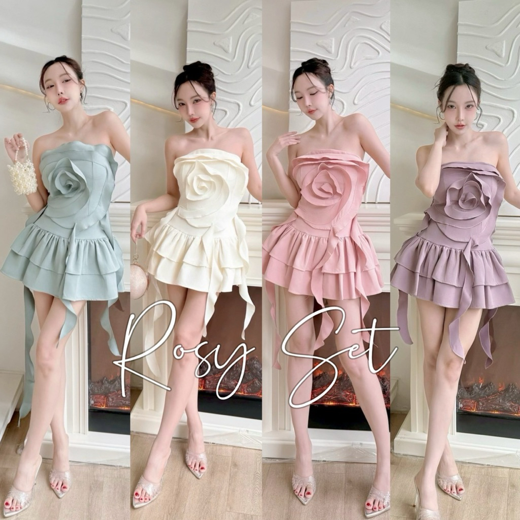 Wendystore182(Rosy Set)เสื้อเกาะอกแต่งด้วยกลีบดอกไม้ พร้อมกระโปรงระบาย