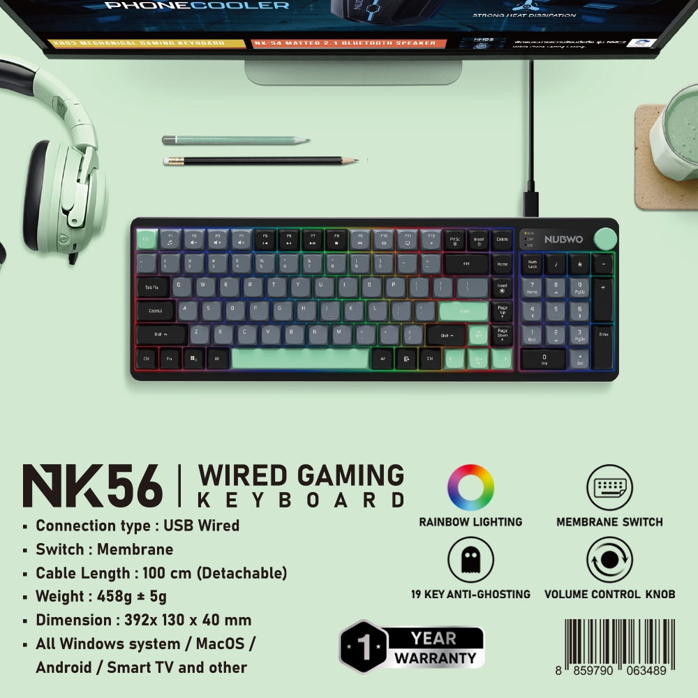 Nubwo NK-56 Keyboard Gaming Membrane Switch คีย์บอร์ดเกมมิ่ง มีภาษาไทย/อังกฤษ ปุ่มนุ่ม