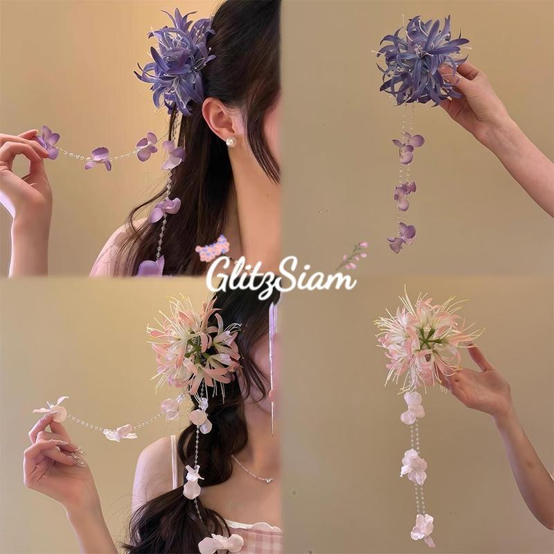 Glitzsiam🪻🪻เครื่องประดับผมจีนใหม่ ดอกไม้เลียนแบบพู่ไข่มุก การตกแต่งกลีบดอก หวานและน่ารัก.