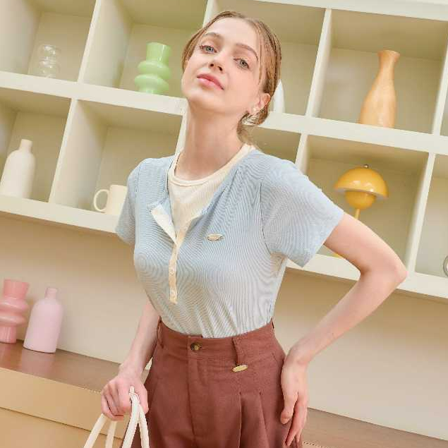 🍬เสื้อคอนนี่ ผ้าร่องยืด แต่งเลเยอร์ 2 ชั้น ด้านข้างเย็บย่น #386🍬