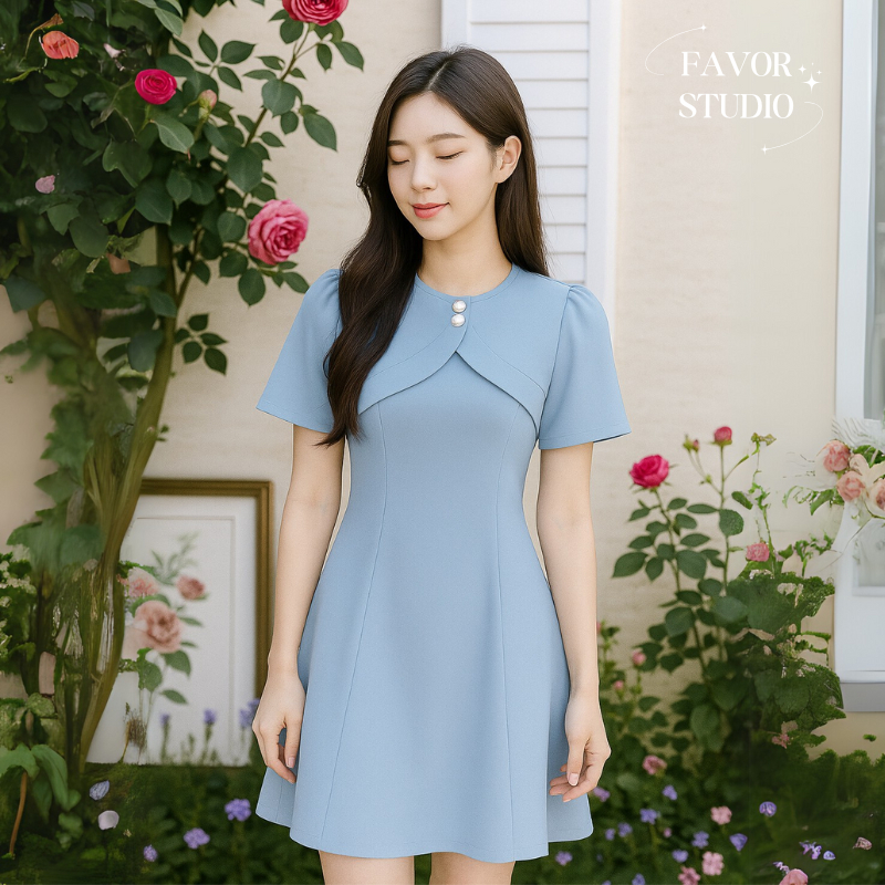 【S-5XL】💖เดรสออกงาน ดีไซน์สองชิ้นหลอก เรียบร้อย ทรงเอไลน์ คอกลม กระดุมมุก เดรสพลัสไซซ์ สาวอวบ✨