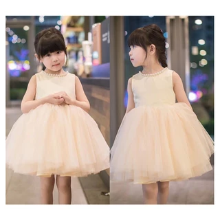 E8 เดรสออกงานเด็กเล็กคอมุกโบว์หลังใหญ่ พร้อมส่งจากไทย