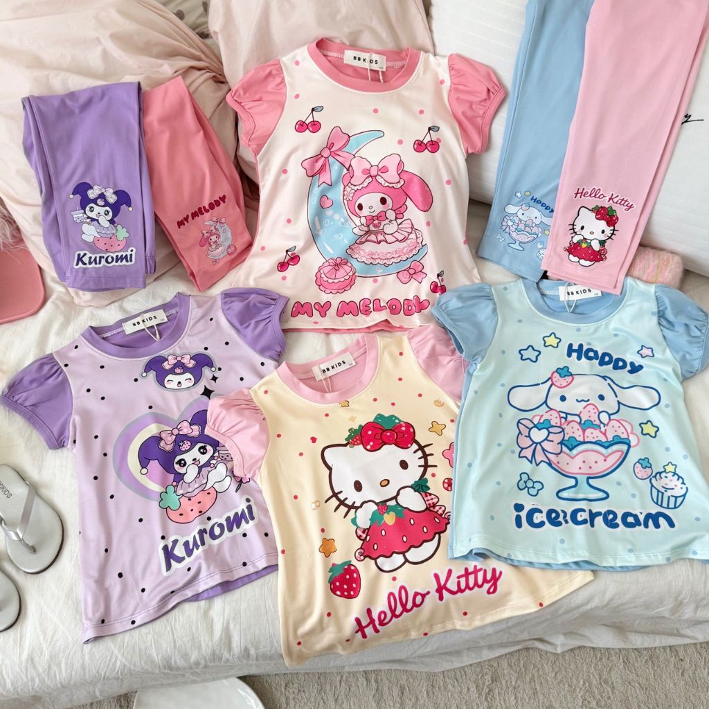 พร้อมส่งในไทย🇹🇭ชุดเซ็ตเด็กผู้หญิง Sanrio แขนตุ๊กตา/งานพิมพ์ลาย ป้ายBB kids/ผ้าcottonนิ่ม/สินค้าถ่ายจากงานจริงค่ะ