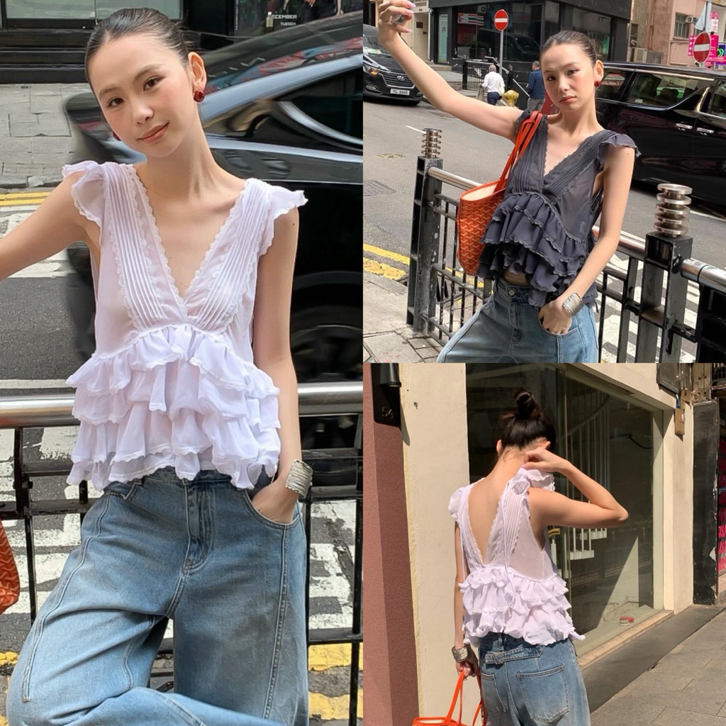 𝗟𝗔𝗬𝗘𝗥𝗘𝗗 𝗟𝗔𝗖𝗘 𝗥𝗨𝗙𝗙𝗟𝗘 𝗧𝗢𝗣 เสื้อซีทรูระบาย (TAG. Onseason) เสื้อใส่ไปทะเล ใส่ไปคาเฟ่