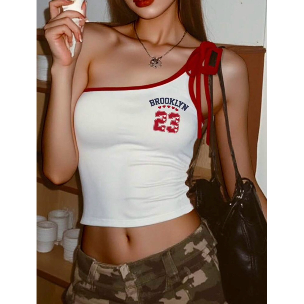 (Pre 7 วัน) INAWLY เสื้อสายเดี่ยวสตรีท สายผูกไหล่ข้างเดียว