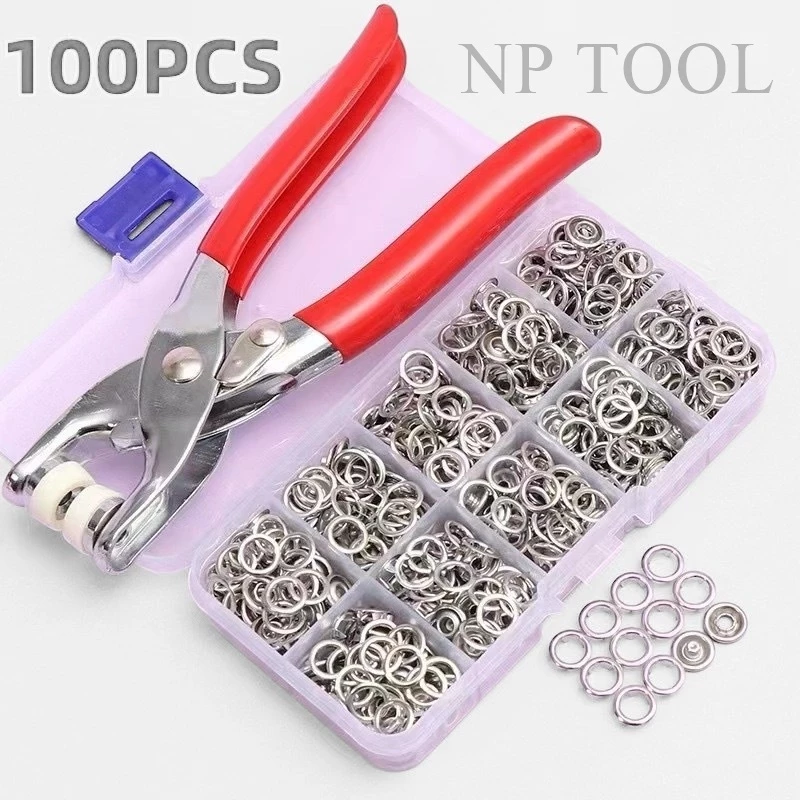 RT04 (100ชิ้น) ชุดตอกพร้อมกระดุม ชุดคีมติดกระดุมแป๊ก ชุดกระดุมแป๊ก DIY พร้อมคีมตาไก่ ขนาด 9.5 มม.