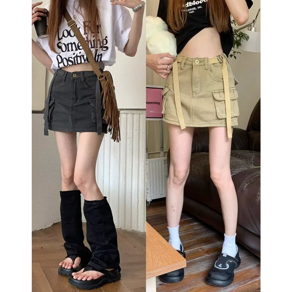 GHAOHES  กระโปรงยีนส์สั้นรุ่นใหม่สาวฮอตทรงคาร์โก้ เอวสูงดูขายาว วินเทจกระเป๋าใหญ่ใส่สบายแฟชั่น