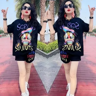 Swan shop ชุดเซ็ทลำลองผู้หญิง ลายการ์ตูนเป็ดแฟชั่น เสื้อ+กางเกงขาสั้น ใส่เที่ยว ใส่สบาย