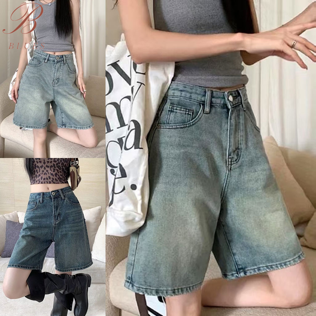 B BLUES กางเกงยีนส์ขาสั้นผู้หญิงย้อนยุคสีทึบฤดูร้อนอินเทรนด์กางเกงยีนส์กลางหลวมจัดส่งจากกรุงเทพ