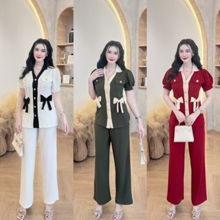 พร้อมส่ง  ชุดเซตยาวผ้าวูลเวฟ เสื้อทรงยาวคอปกแขนตุ๊กตากระดุมเ…