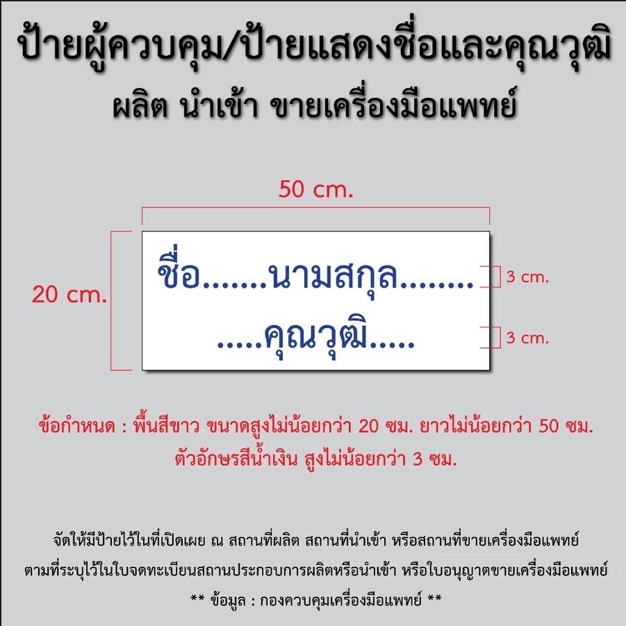 ป้ายผู้ควบคุมผลิต นำเข้า ขายเครื่องมือแพทย์ ป้ายแสดงชื่อและคุณวุฒิ