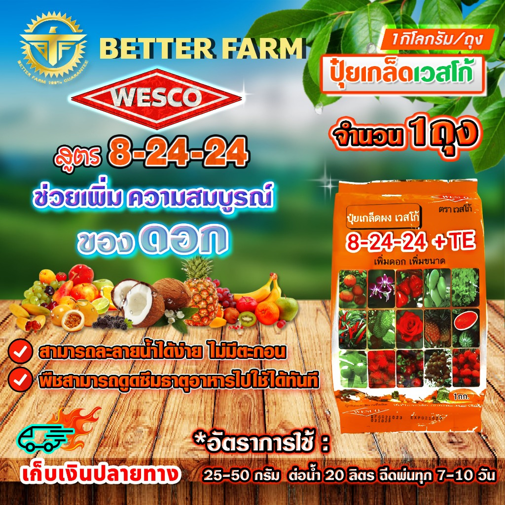 ปุ๋ยเกร็ด เวสโก้ 8-24-24+TE WESCO สูตรเพิ่มดอก เพิ่มขนาด ละลายน้ำได้ดี บรรจุ 1 กิโลกรัม