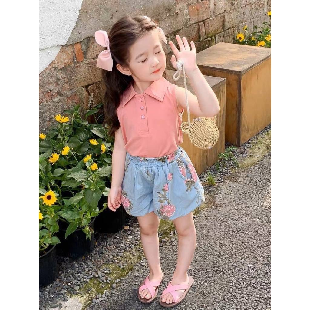 ชุดเซ็ทเด็กผู้หญิง 2 ชิ้น เสื้อแขนกุด+กางเกงขาสั้น ใส่สบาย ไซส์ S,M,L,XL รหัส toi
