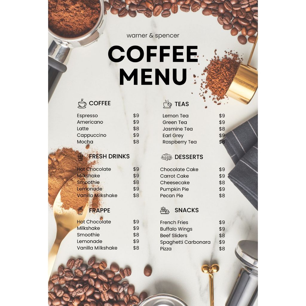 ป้ายเมนูกาแฟ A4 เคลือบแข็ง/พลาสวูดA4,A3 3 มิลทักแชทก่อนกดสั่ง (สามารถแก้ไขรายการเมนูได้)