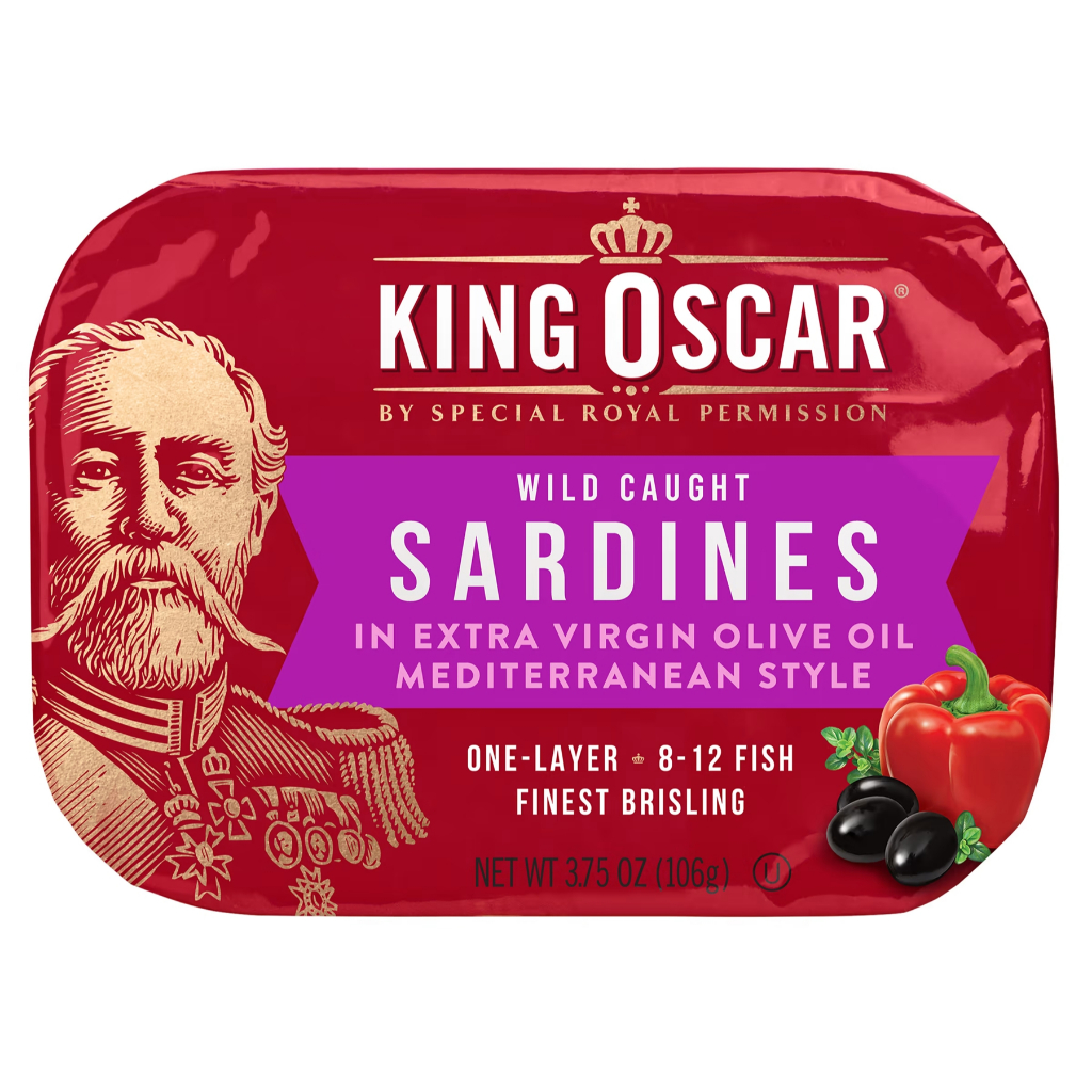 King Oscar Wild Caught Sardines Extra Vergin olive Oil Mediterranean Style 3.75 oz106gปลาซาร์ดีนสไตล