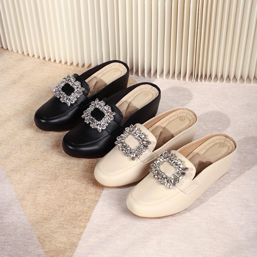 Shoesiamm B20 ส่งตรงจากนครนายก** สุขภาพส้นเตารีดหน้าเพชร แบบสวมสบาย  2นิ้ว (5เซน)บลอคเล็ก เท้าปกติบวก1ไซส์ อวบ กว้าง +2