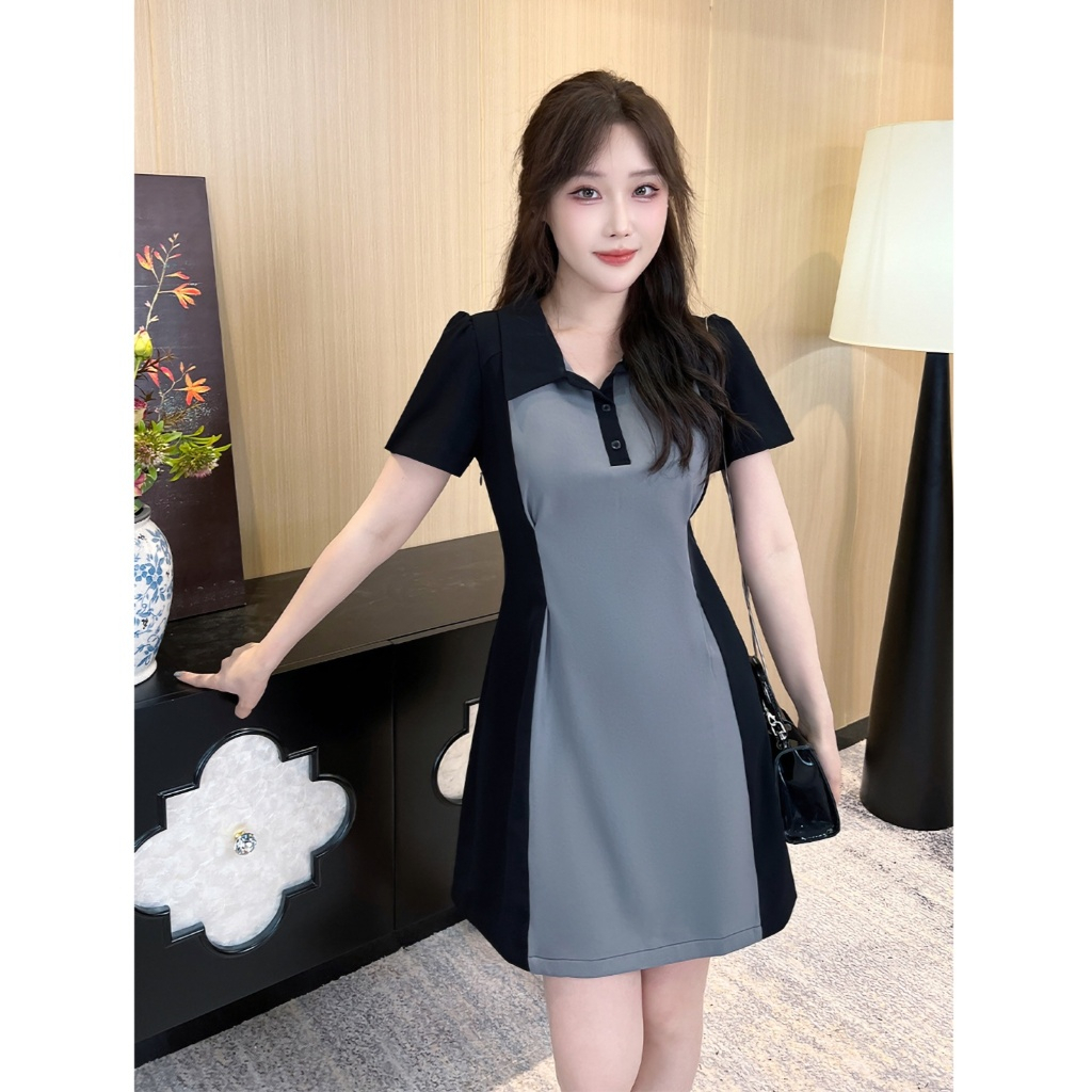 【EVIOVIO】S-5XL มินิเดรส สีทูโทน เว้าเอวช่วยพรางหุ่น สไตล์ลำลอง เดรสแฟชั่น คอปกโปโล เดรสพลัสไซซ์ - รูปที่ 3