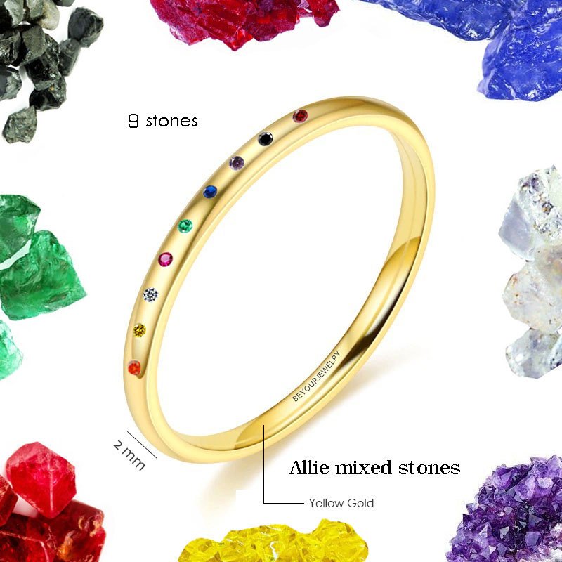 🔥เแหวพลอยนนพเก้า  Allie mixed stones Yellow gold แหวนพลอยมินิมอล 2 มิล ขอบมน