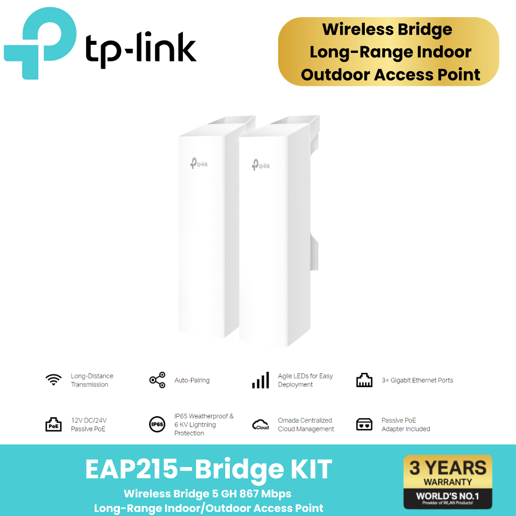 (รุ่นใหม่ไม่มี adapter) TP-LINK (EAP215-Bridge KIT) Omada 5GHz 867Mbps Long-Range Indoor/Outdoor Wir