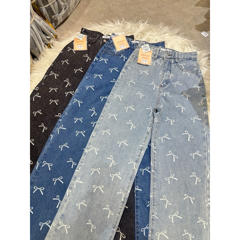 🎀กางเกงยีนส์ขากระบอกพิมพ์ลายโบว์ขาว กางเกงยีนส์เอวสูงทรงสวยใส่เที่ยวเก๋
