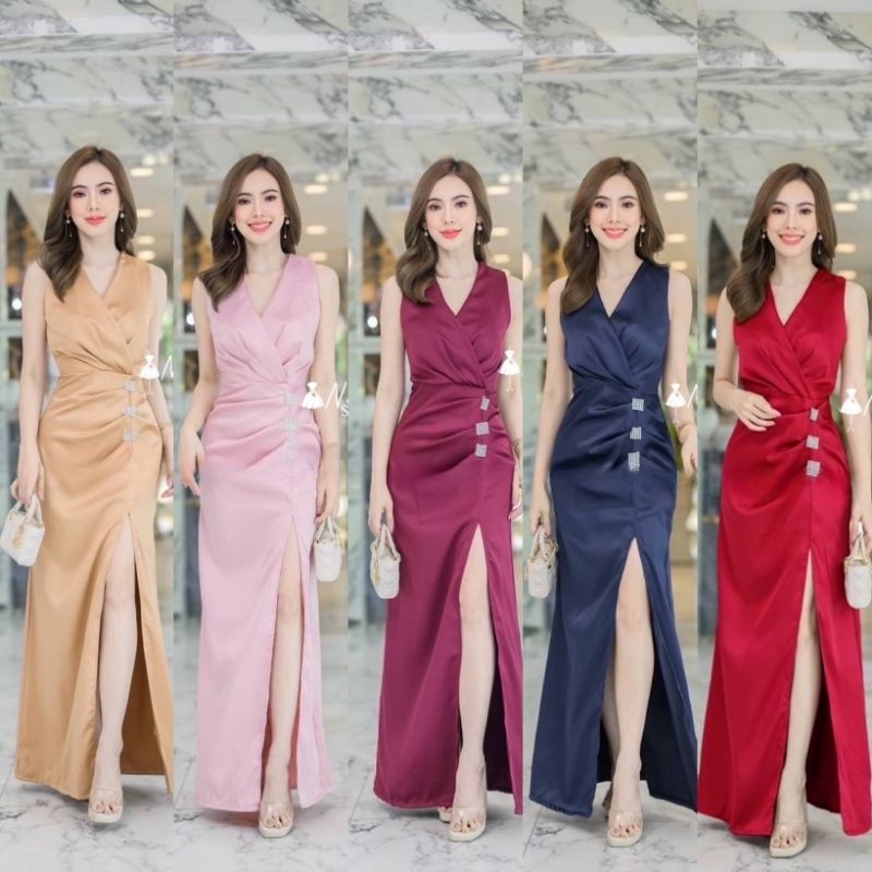 เดรสยาวใส่ออกงานสวยหรูดูแพง เดรสคอวี มีซิปหลัง