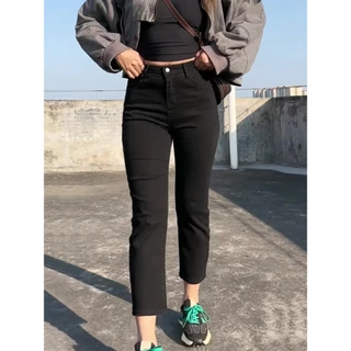 GHAOHESกางเกงยีนส์สีดำ เอวสูงผ้ายืด S-5XL สาวอวบ รูปร่างลูกแพร์ กางเกงเก้าส่วน เก็บพุงคลุมสะโพก 98