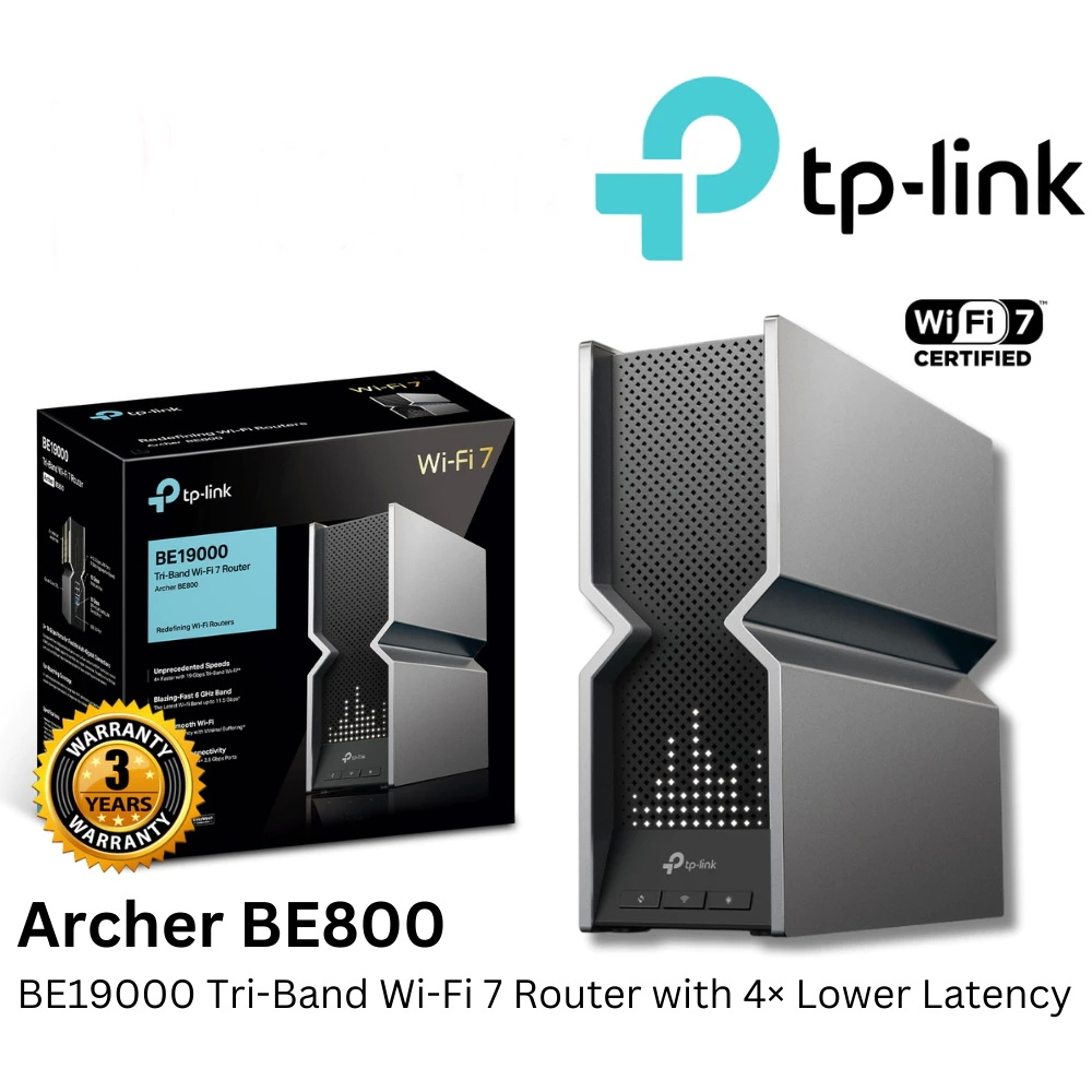 TP-LINK (Archer BE800) BE19000 Tri-Band Wi-Fi 7 Router การดูวิดีโอสตรีมมิ่ง 4K/8K, เล่นเกม  AR/VR ที