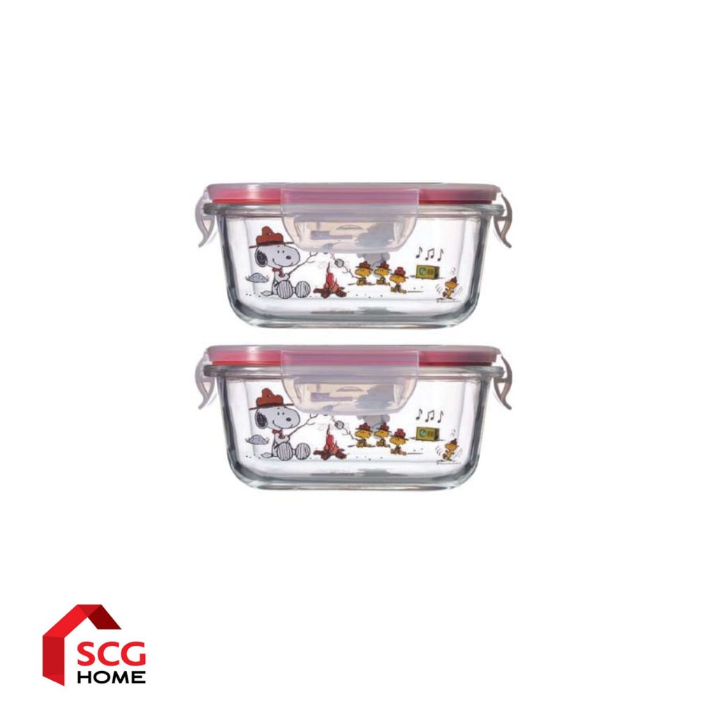 Pyrex กล่องถนอมอาหาร 4 ชิ้น ลาย Snoopy and friends Square Glass Storage รุ่น P-PX-SPC510SQ-2 510 ML.