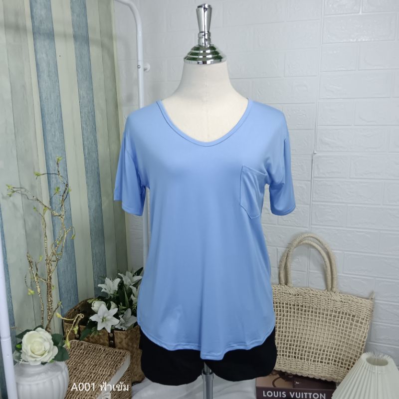 A001 เสื้อยืดคอวี ผ้าเรย่อน อก 36-44 นิ้ว สาวอวบใส่ได้ มีกระเป๋าหน้า  ใส่สบาย ผู้หญิง - รูปที่ 5