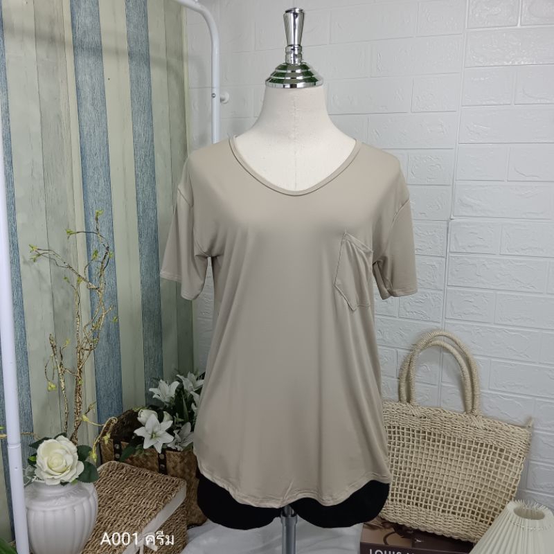 A001 เสื้อยืดคอวี ผ้าเรย่อน อก 36-44 นิ้ว สาวอวบใส่ได้ มีกระเป๋าหน้า  ใส่สบาย ผู้หญิง - รูปที่ 6