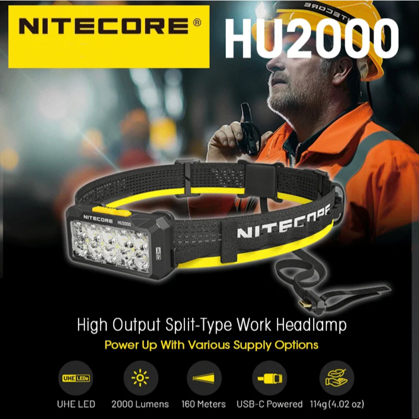 NITECORE HU2000 เอาต์พุตสูงแยกประเภททํางานไฟหน้า 2000 Lumens USB-C ชาร์จไฟ LED ไฟหน้าทํางานยืดหยุ่นตัวเลือก