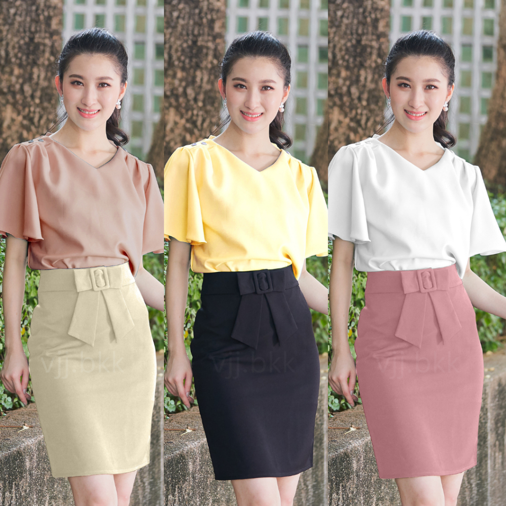 [พร้อมส่ง]กระโปรงทำงาน ทรงสอบ โบว์หน้า มีขอบเอว ผ่าหลัง ซิปหลัง ผ้าโรเชฟ