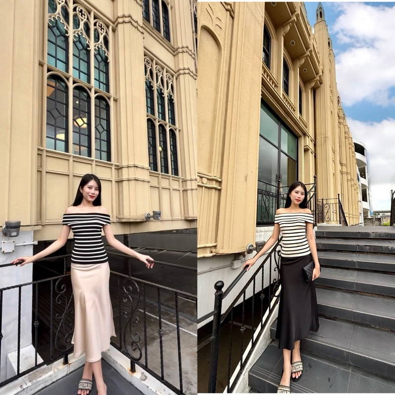KANYA - Off-Shoulder Stripped Top[7176] เสื้อปาดไหล่ลายทาง (8G) / (17H)