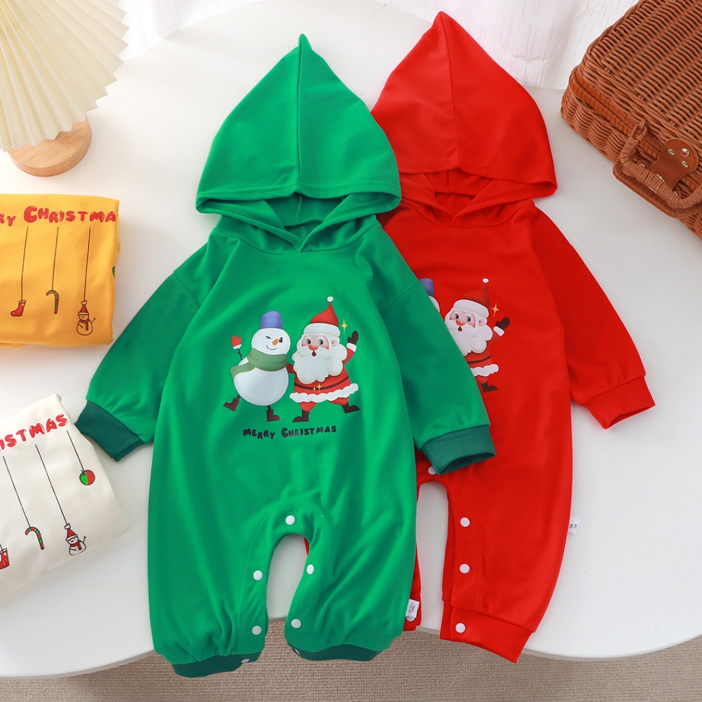 Babyonline(Y531)O1 ชุดบอดี้สูทขายาวกระดุมหน้ามีหมวกลายคริสต์มาสสำหรับเด็กแรกเกิด ผ้านิ่ม อบอุ่น