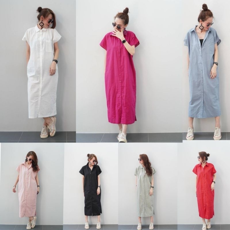เดรสลินินยาว ปกเชิ้ต กระดุมผ่าหน้ามีกระเป๋าด้านหน้าอก ทรงแขนล้ำ ใส่สบาย ฟรีไซส์ อก:44นิ้ว