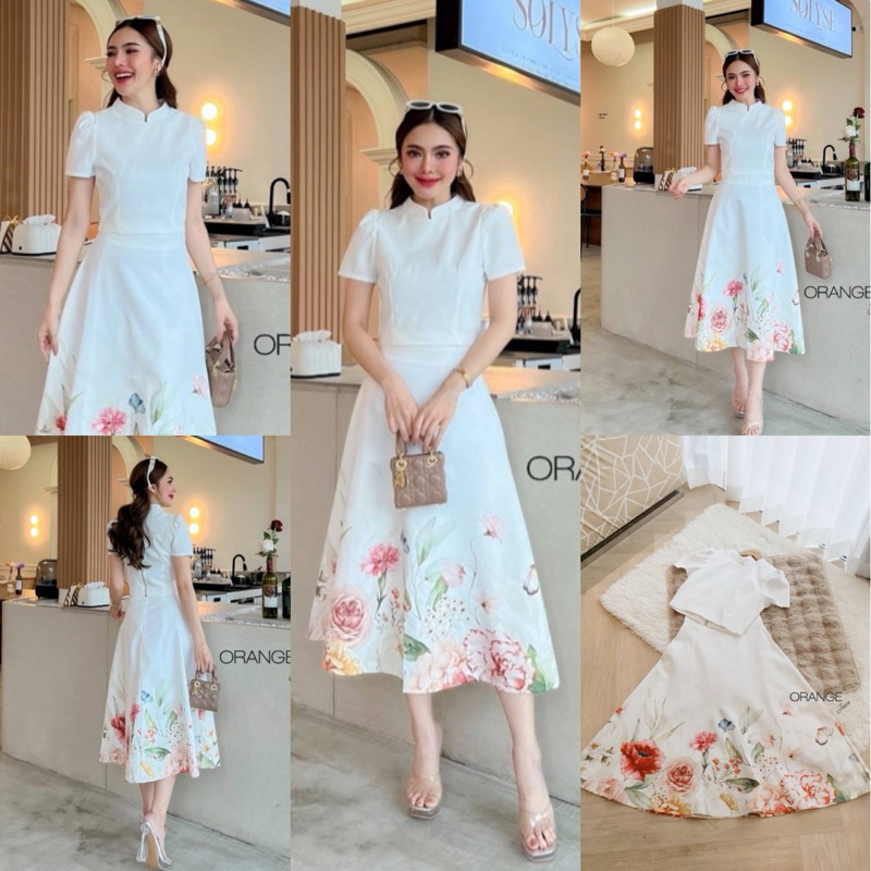 พร้อมส่ง S-2XL ป้าย Orange Juice Set เสื้อ กระโปรงสีขาว พิมพ์ลายดอกไม้ และชุดออกงาน ทำบุญ