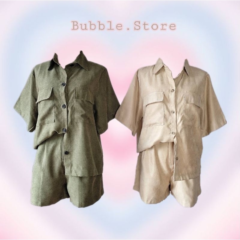 ชุดเซ็ทเสื้อเชิ้ตแขนสั้นกางเกงขาสั้นผ้านิ่ม(ภาพถ่ายจากสินค้าจริง)
