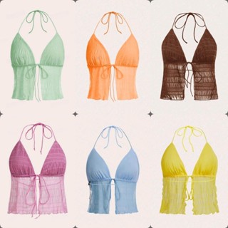 Crop TC2407 เสื้อครอป ตาข่าย ผูกคอ  ผูกหน้า ซีทรู