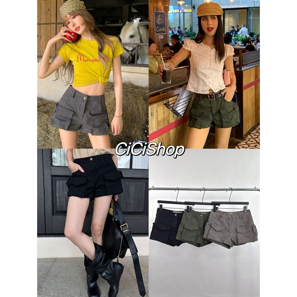 Cicishop(753) กางเกงขาสั้นดีเทลกระเป๋าด้านหน้าสามารถใช้งานได้จริง สไตล์สาวเท่ห์