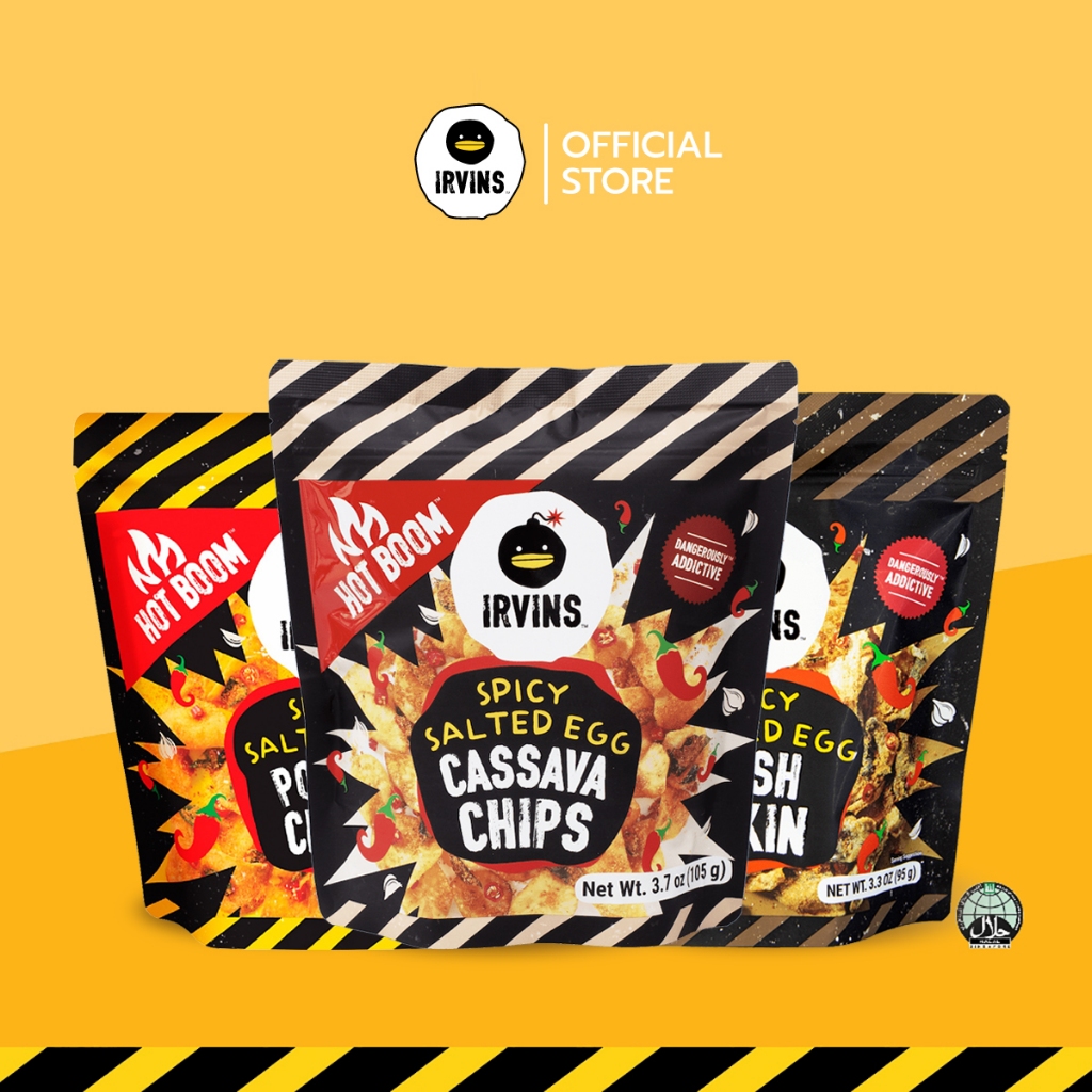 IRVINS Hot Boom Salted Egg Set ชุดเซ็ทเคลือบไข่เค็มรสเผ็ด (หนังปลาทอด,มันฝรั่งทอด,หนังปลาแซลมอนทอด,มันสำปะหลังทอด)