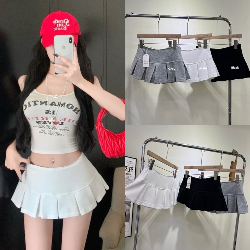 Gang_jeans#728(K)กระโปรงสั้น สีพื้น ทรงเทนนิส ซิปข้าง
