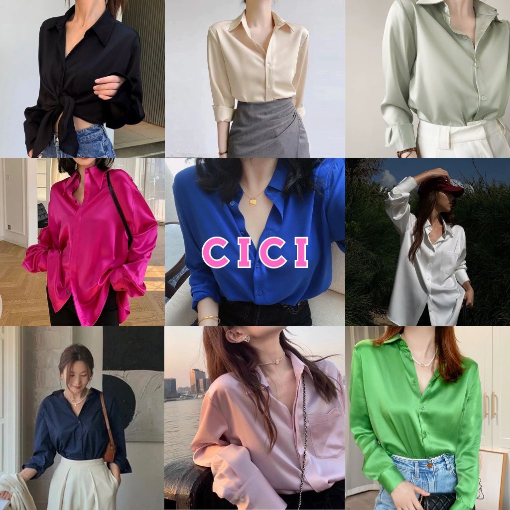 ส่งทันที Cicishop(NO. 2166)เสื้อเชิ้ตแขนยาว ผ้าซาติน ผ้าเงาสวย เรียบ เลิศ..หรู..ดูไฮโซ..ใส่ได้ทุกงาน hiso สุดๆ